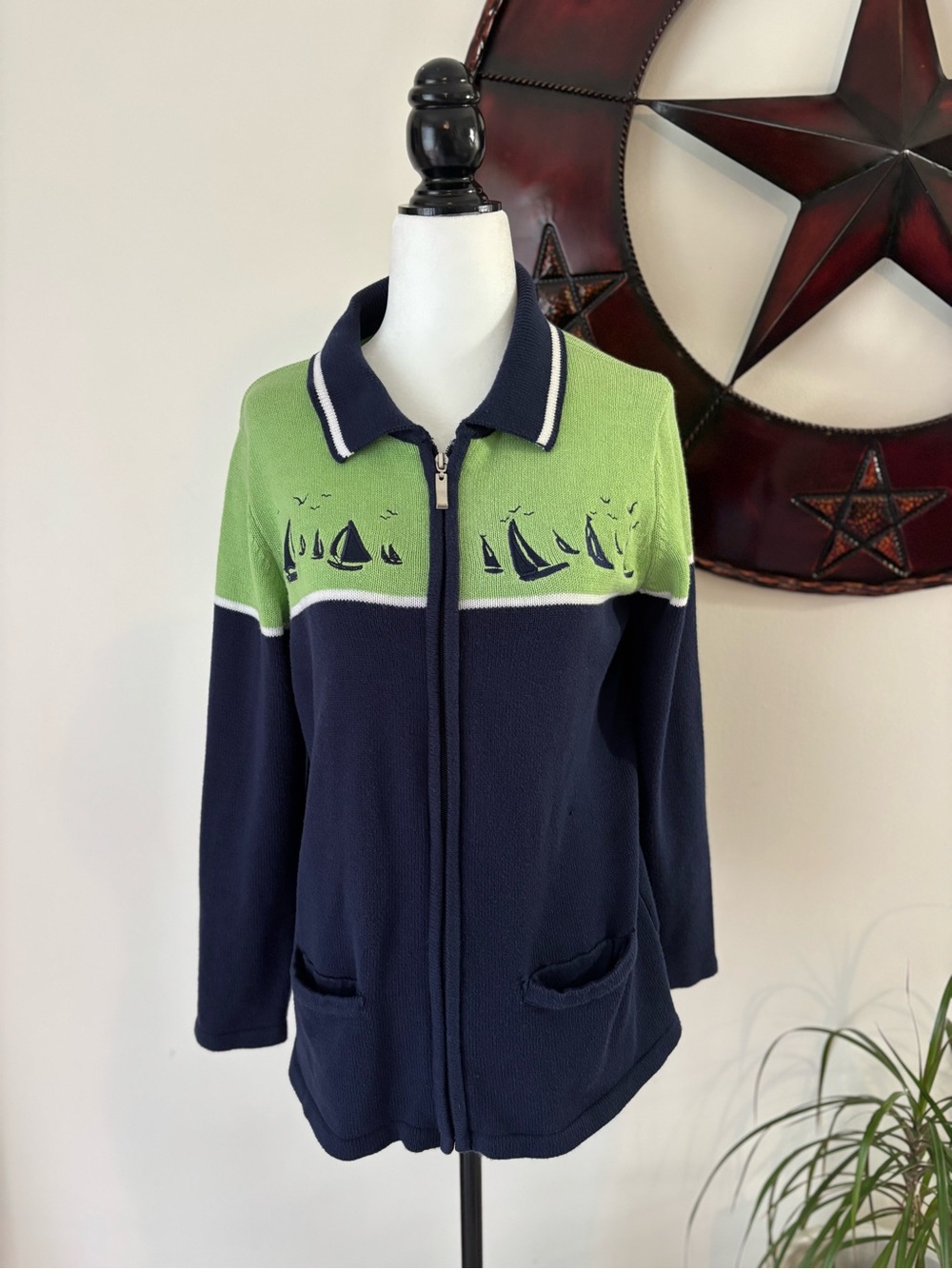 Alia Navy and Lime Cotton Knit Sailboat Vintage Coastal GrandmaCore Sweater Sm